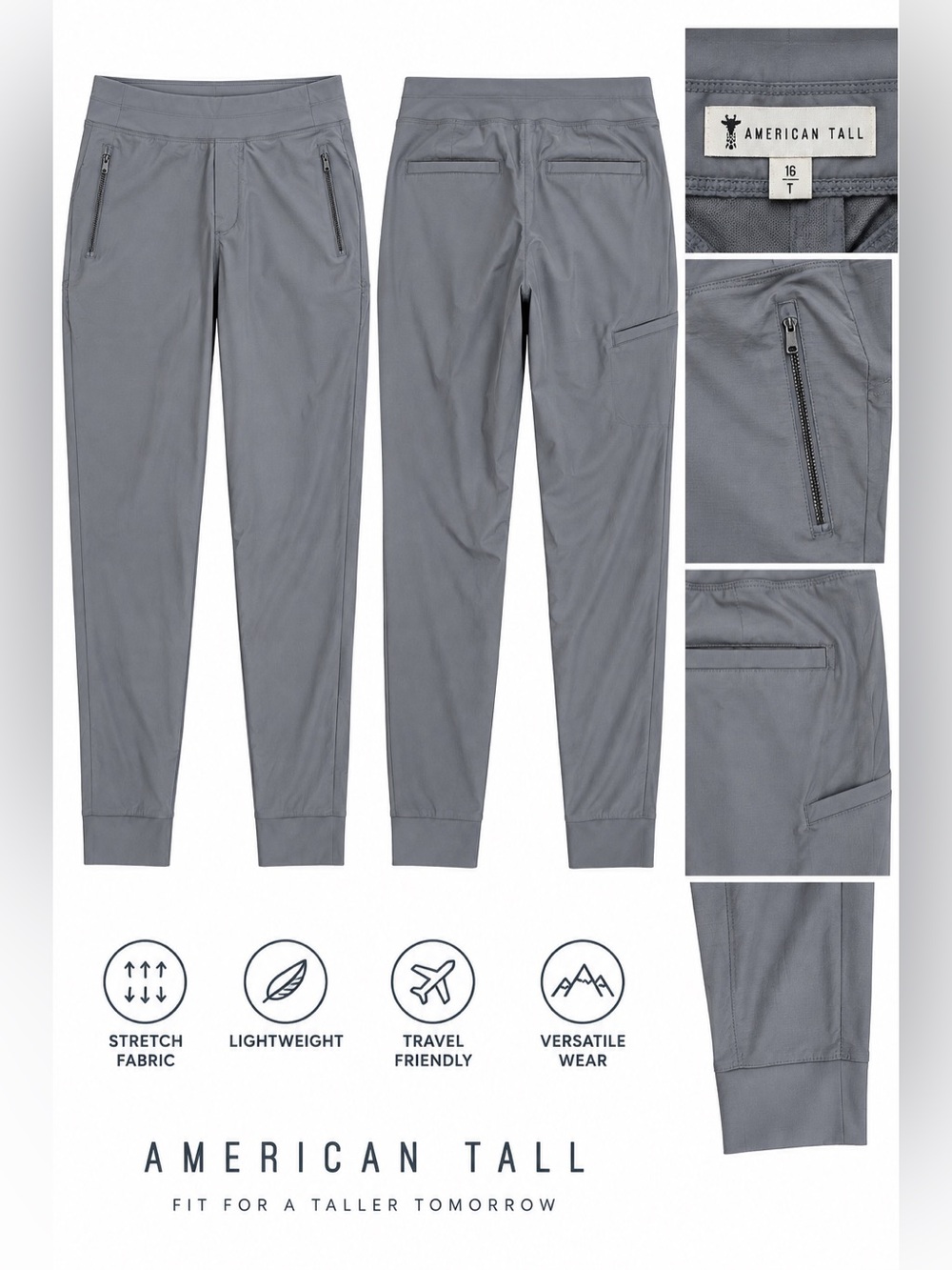 American Tall Women’s Gray Performance Travel Pants – Size 16 Tall